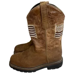 JB Dillon Brown Squared Toed Men's Boots w/American Flag Size 7D COWBOY EUC