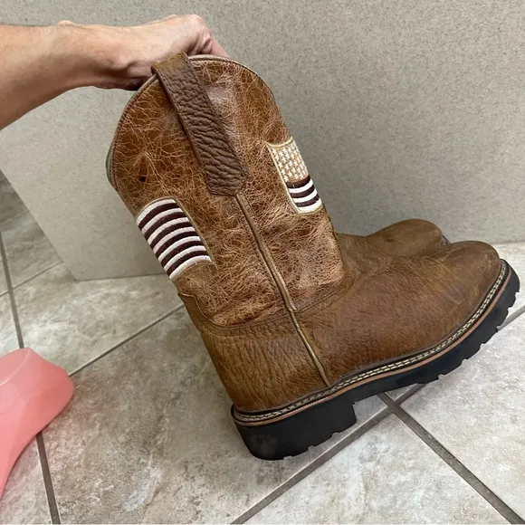JB Dillon Brown Squared Toed Men's Boots w/American Flag Size 7D COWBOY EUC