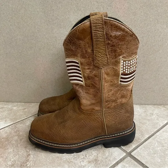 JB Dillon Brown Squared Toed Men's Boots w/American Flag Size 7D COWBOY EUC