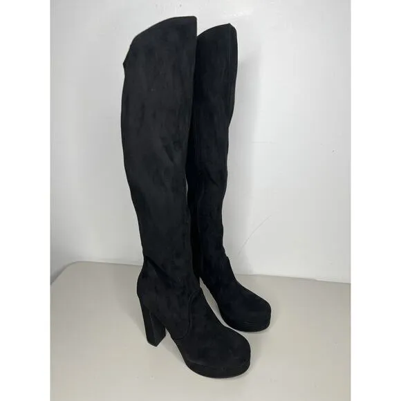 Jeffrey Campbell Black Fabric Knee/Over Knee High Platform Heels Boots Size 7.5