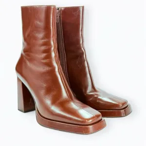 Jeffrey Campbell Maximal-Lo Chocolate Brown Leather Square Toe Heeled Boots 8.5