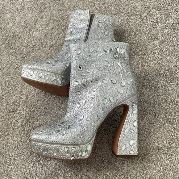 Jessica Simpson 10 silver embellished rhinestone platform ankle boot 2114