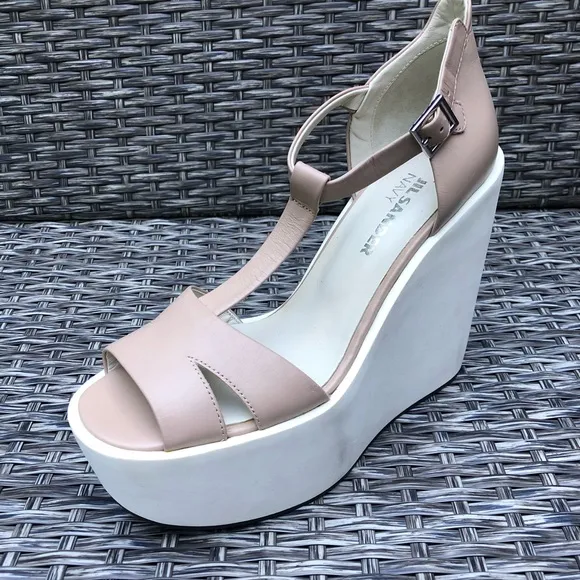 Jil Sander Leather Platform Wedge T-Strap Sandals, Size 39EU