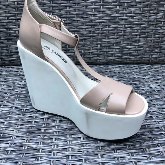 Jil Sander Leather Platform Wedge T-Strap Sandals, Size 39EU