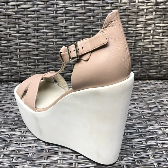 Jil Sander Leather Platform Wedge T-Strap Sandals, Size 39EU