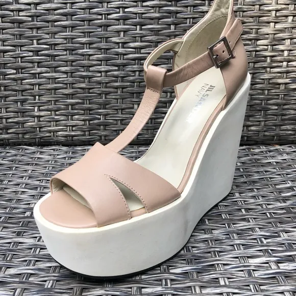 Jil Sander Leather Platform Wedge T-Strap Sandals, Size 39EU