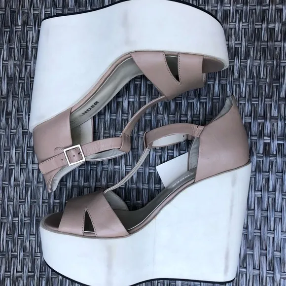Jil Sander Leather Platform Wedge T-Strap Sandals, Size 39EU