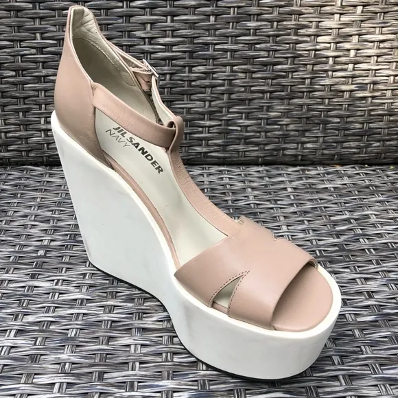 Jil Sander Leather Platform Wedge T-Strap Sandals, Size 39EU