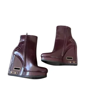JIL SANDER Leather Ankle Wedge Boots in Burgundy 40