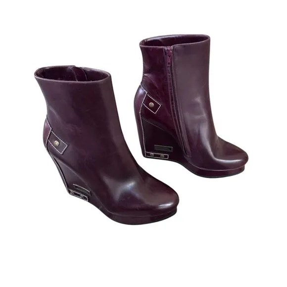 JIL SANDER Leather Ankle Wedge Boots in Burgundy 40