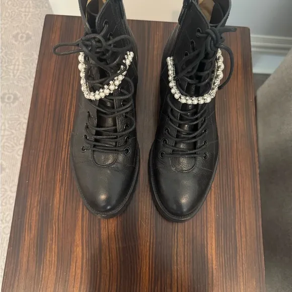 Jimmy Choo Cruz Crystal Embellished Combat Black Ankle Leather Boots 36.5 6.5