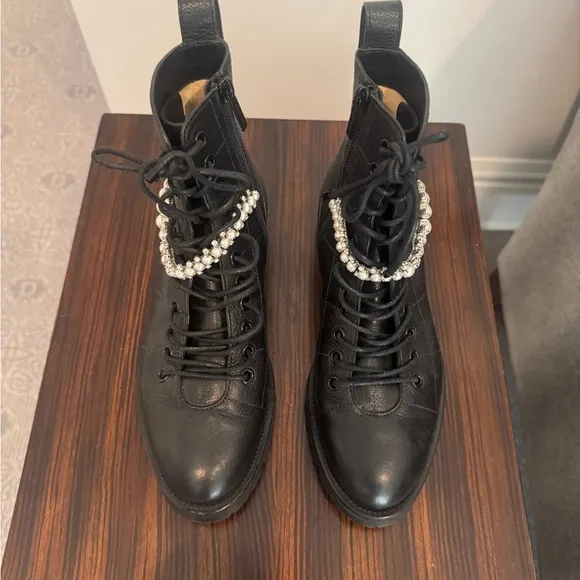 Jimmy Choo Cruz Crystal Embellished Combat Black Ankle Leather Boots 36.5 6.5