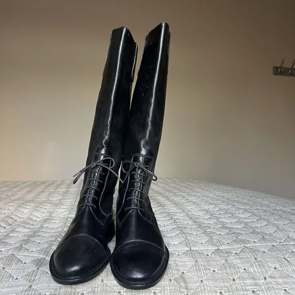 Joan &amp; David Black Leather Partial Lace Up Knee High Tall Boot Women US 6 Italy