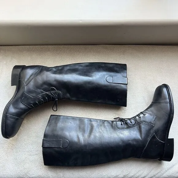 Joan &amp; David Black Leather Partial Lace Up Knee High Tall Boot Women US 6 Italy