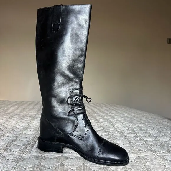 Joan &amp; David Black Leather Partial Lace Up Knee High Tall Boot Women US 6 Italy