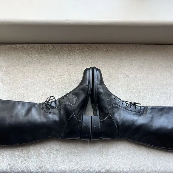 Joan &amp; David Black Leather Partial Lace Up Knee High Tall Boot Women US 6 Italy