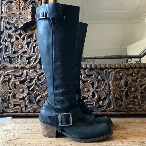 John Fluevog Adriana Luna Tall Buckled Harness Boot Black Leather 854025