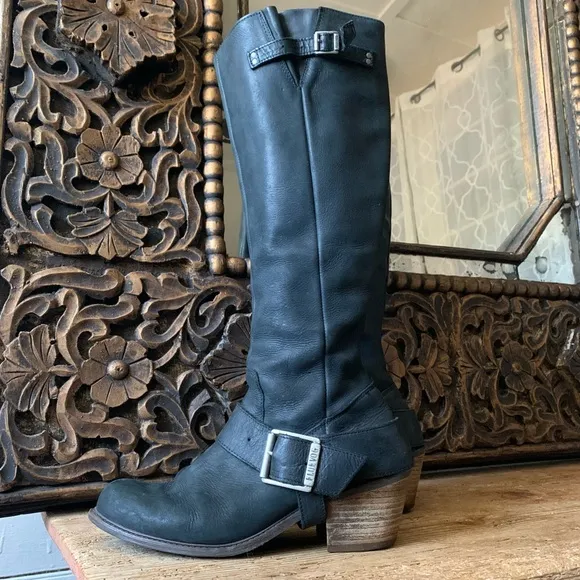 John Fluevog Adriana Luna Tall Buckled Harness Boot Black Leather 854025