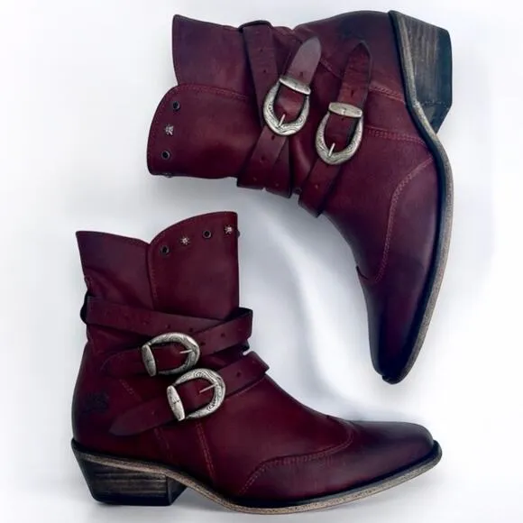 John Fluevog US9.5 Red Ruth Mitchell Studded Strap Leather Western Cowgirl Boots