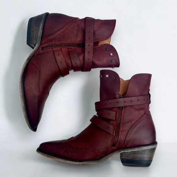 John Fluevog US9.5 Red Ruth Mitchell Studded Strap Leather Western Cowgirl Boots