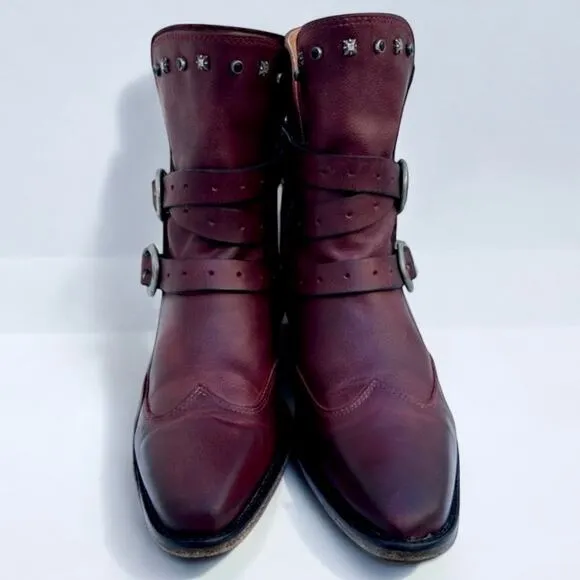 John Fluevog US9.5 Red Ruth Mitchell Studded Strap Leather Western Cowgirl Boots