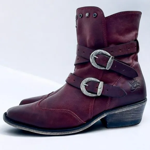 John Fluevog US9.5 Red Ruth Mitchell Studded Strap Leather Western Cowgirl Boots
