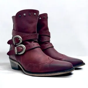 John Fluevog US9.5 Red Ruth Mitchell Studded Strap Leather Western Cowgirl Boots
