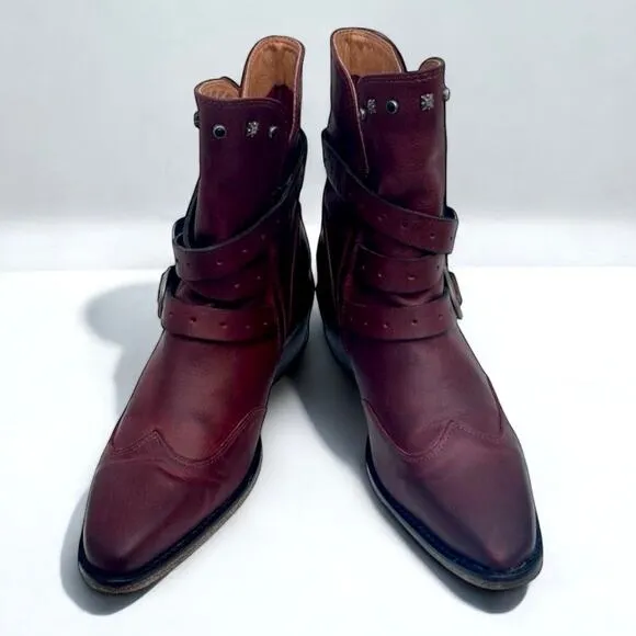 John Fluevog US9.5 Red Ruth Mitchell Studded Strap Leather Western Cowgirl Boots