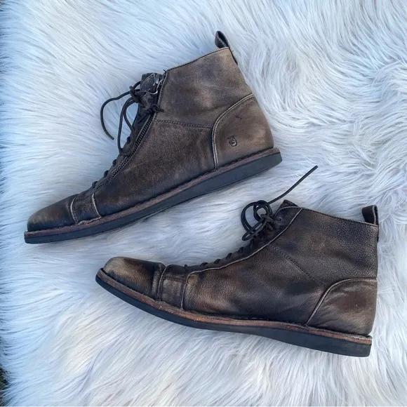 John Varvatos Brown Distressed 11M Leather Lace Up Ankle Boots W/Zipper