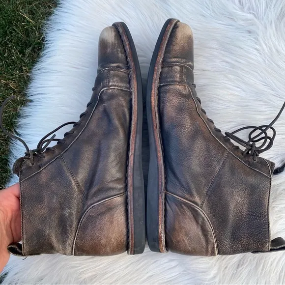 John Varvatos Brown Distressed 11M Leather Lace Up Ankle Boots W/Zipper