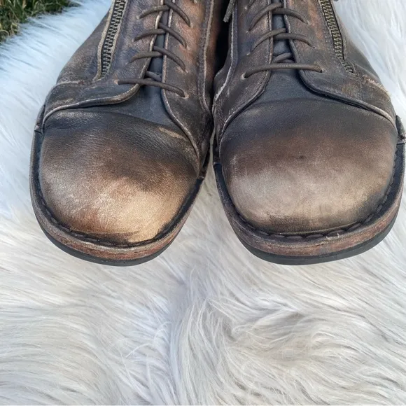 John Varvatos Brown Distressed 11M Leather Lace Up Ankle Boots W/Zipper