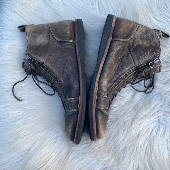John Varvatos Brown Distressed 11M Leather Lace Up Ankle Boots W/Zipper