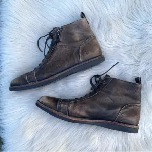 John Varvatos Brown Distressed 11M Leather Lace Up Ankle Boots W/Zipper
