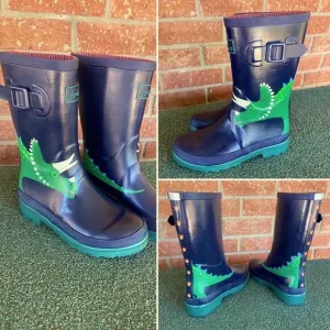 Joules Boys Rain Boots Blue Green Dinosaur