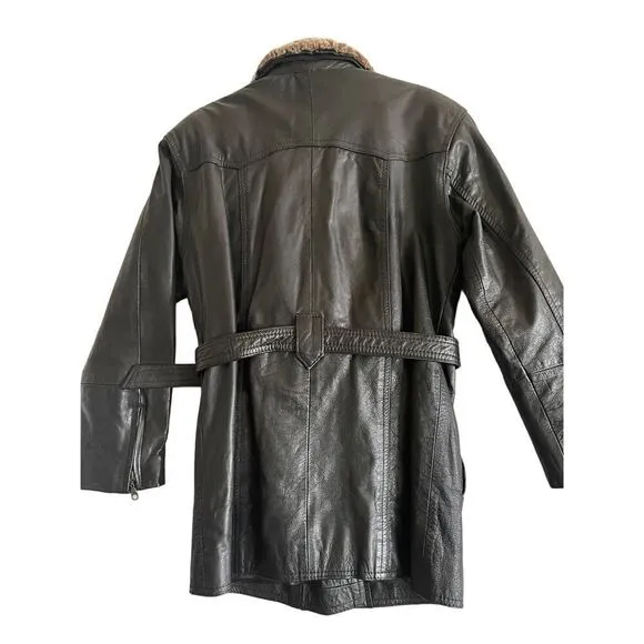 Joy Genuine Lambskin ‎ Leather Coat, sz Large, belted, faux fur collar, high end