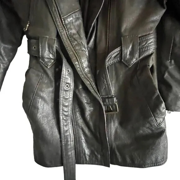 Joy Genuine Lambskin ‎ Leather Coat, sz Large, belted, faux fur collar, high end
