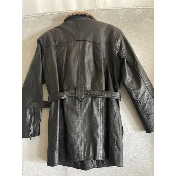 Joy Genuine Lambskin ‎ Leather Coat, sz Large, belted, faux fur collar, high end