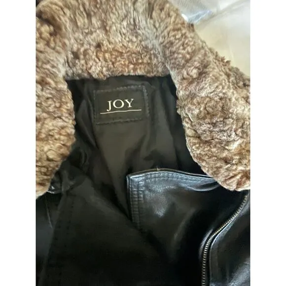 Joy Genuine Lambskin ‎ Leather Coat, sz Large, belted, faux fur collar, high end