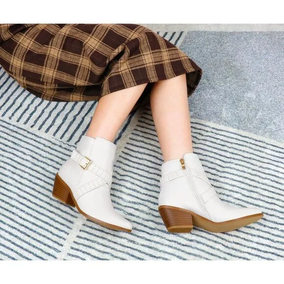 JOY IN LOVE Ankle Boots Women White Matte Faux Leather Low Chunky Heel Zipper