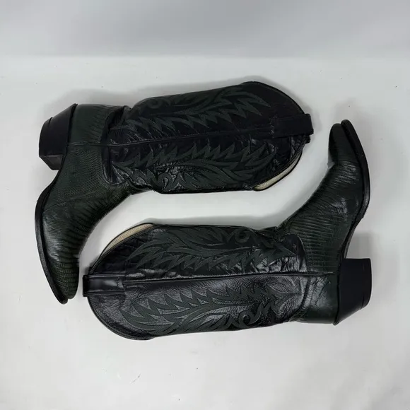 Justin Boots Black and Dark Green Cowboy Boots with Embroidery Boho festival