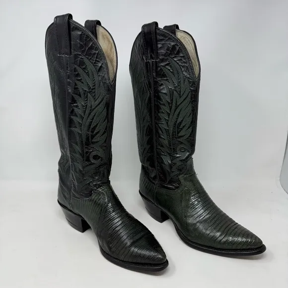 Justin Boots Black and Dark Green Cowboy Boots with Embroidery Boho festival