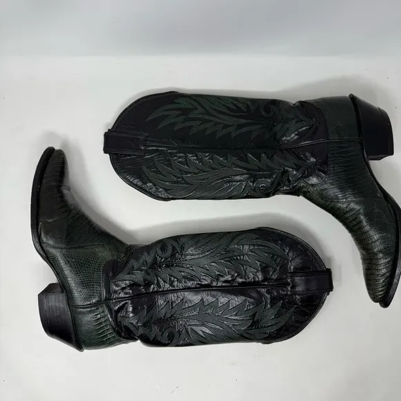 Justin Boots Black and Dark Green Cowboy Boots with Embroidery Boho festival