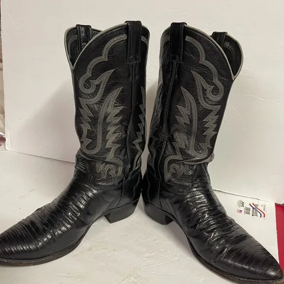 Justin Boots Black Western Cowboy Lizard Boots with Embroidery size 11 EE