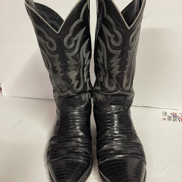 Justin Boots Black Western Cowboy Lizard Boots with Embroidery size 11 EE