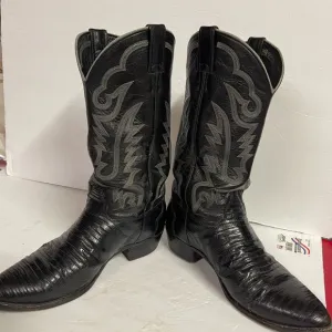 Justin Boots Black Western Cowboy Lizard Boots with Embroidery size 11 EE