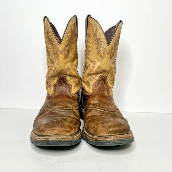 Justin Boots Brown Tan Leather Western Cowboy Boots Size 10 Decorative Stitching