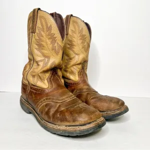 Justin Boots Brown Tan Leather Western Cowboy Boots Size 10 Decorative Stitching