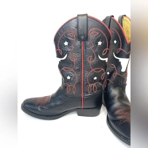 Justin Boots Kids Youth Cowboy Boots Longhorn Steers Style 6004 Size 1.5
