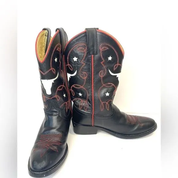 Justin Boots Kids Youth Cowboy Boots Longhorn Steers Style 6004 Size 1.5