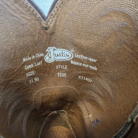 Justin Boots Mens 11.5D Brown Leather Cowhide Stampede Cattleman Western Cowboy